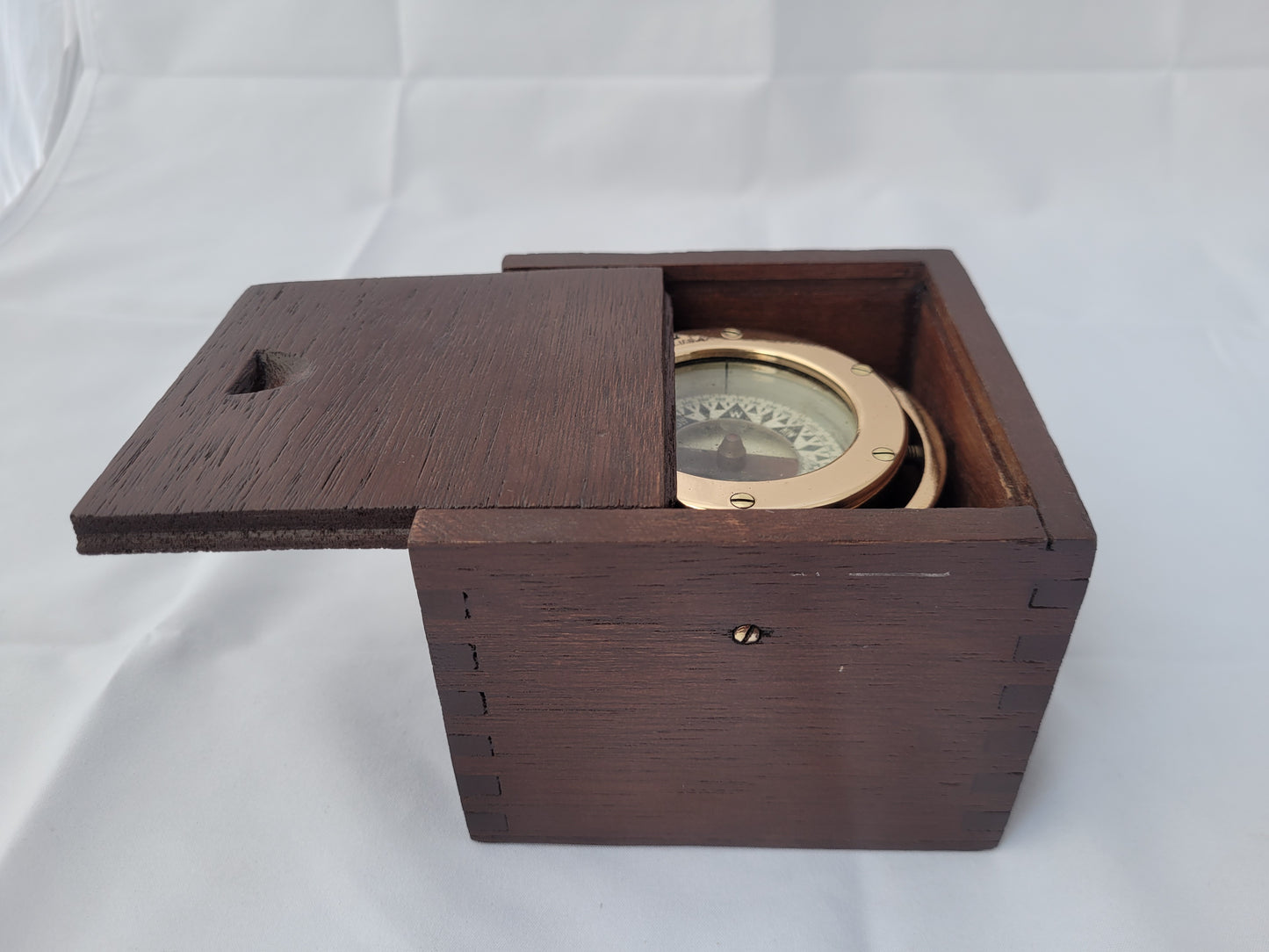 Brass Boat Compass in Varnished Wood Box