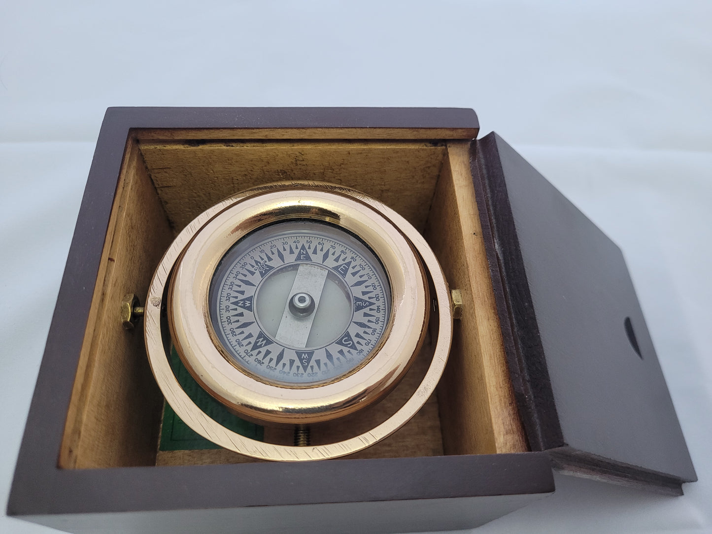 Brass Boat Compass in Varnished Wood Box