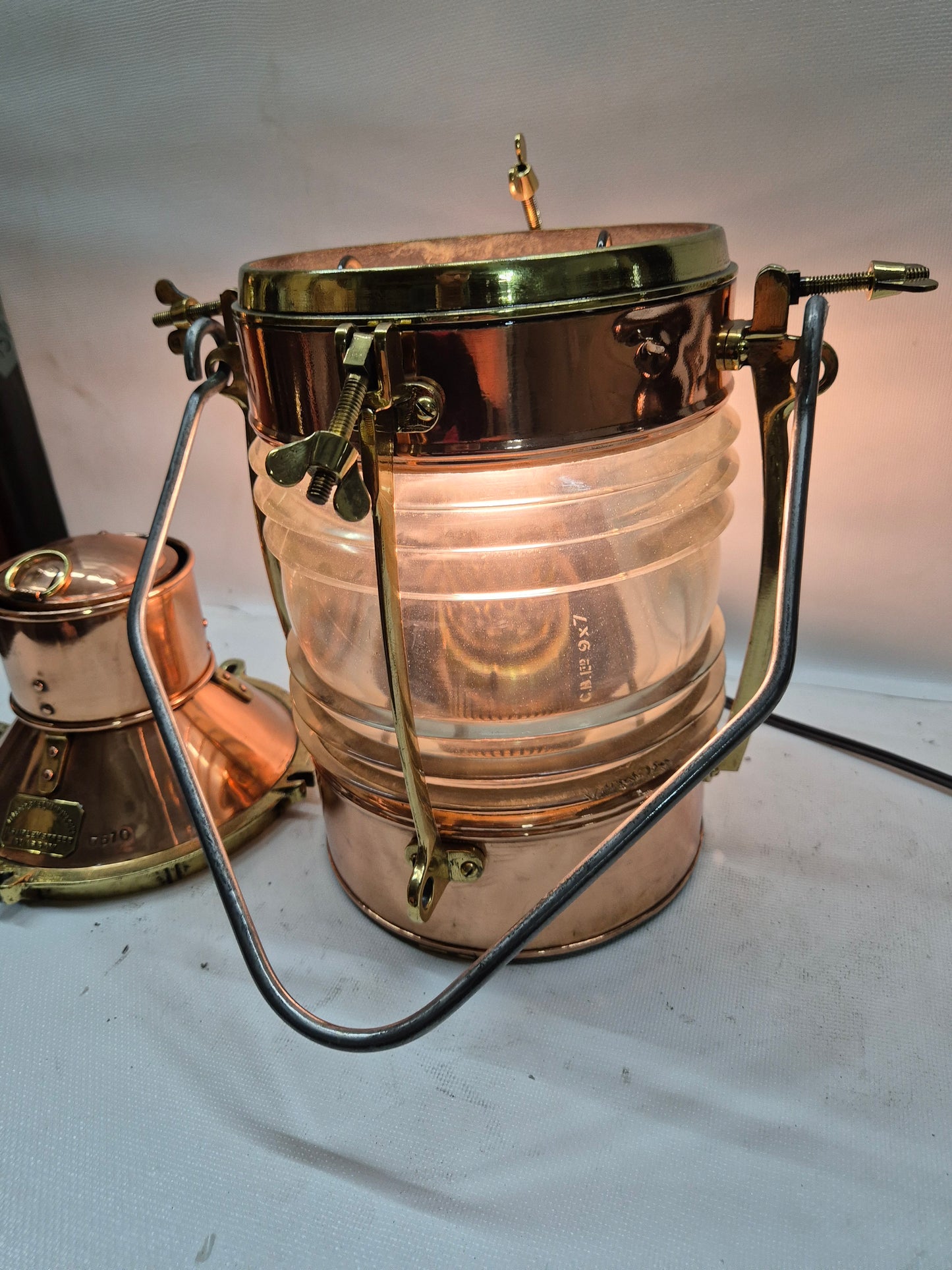 English Ship's Lantern in Copper Case with Two Lenses