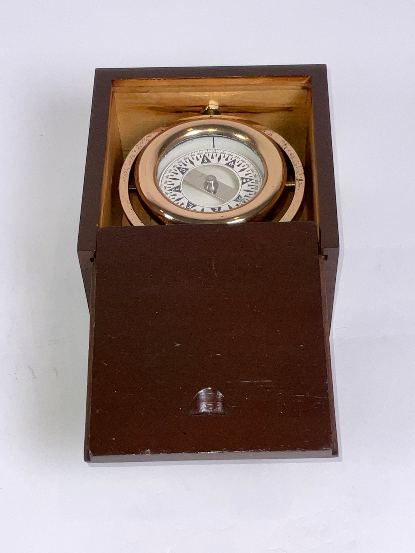 Brass Boat Compass in a Varnished Mahogany Box