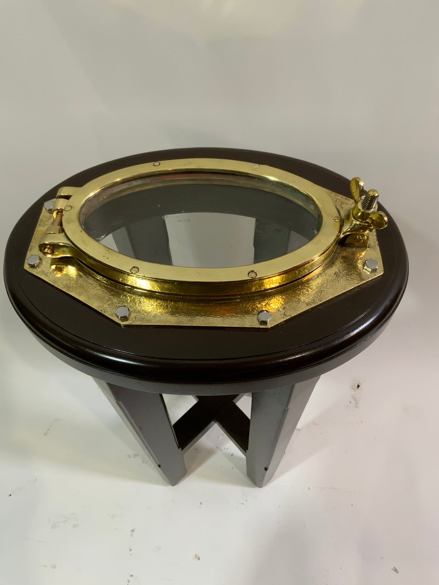 Solid Brass Ships Porthole Mounted To A Mahogany Table Base - Lannan Gallery