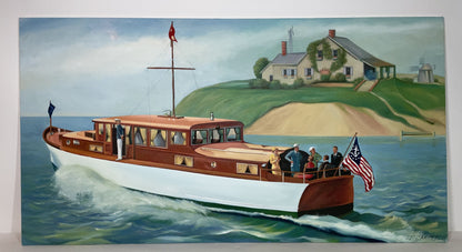 Large Oil on Canvas of a Motor Yacht with Guests
