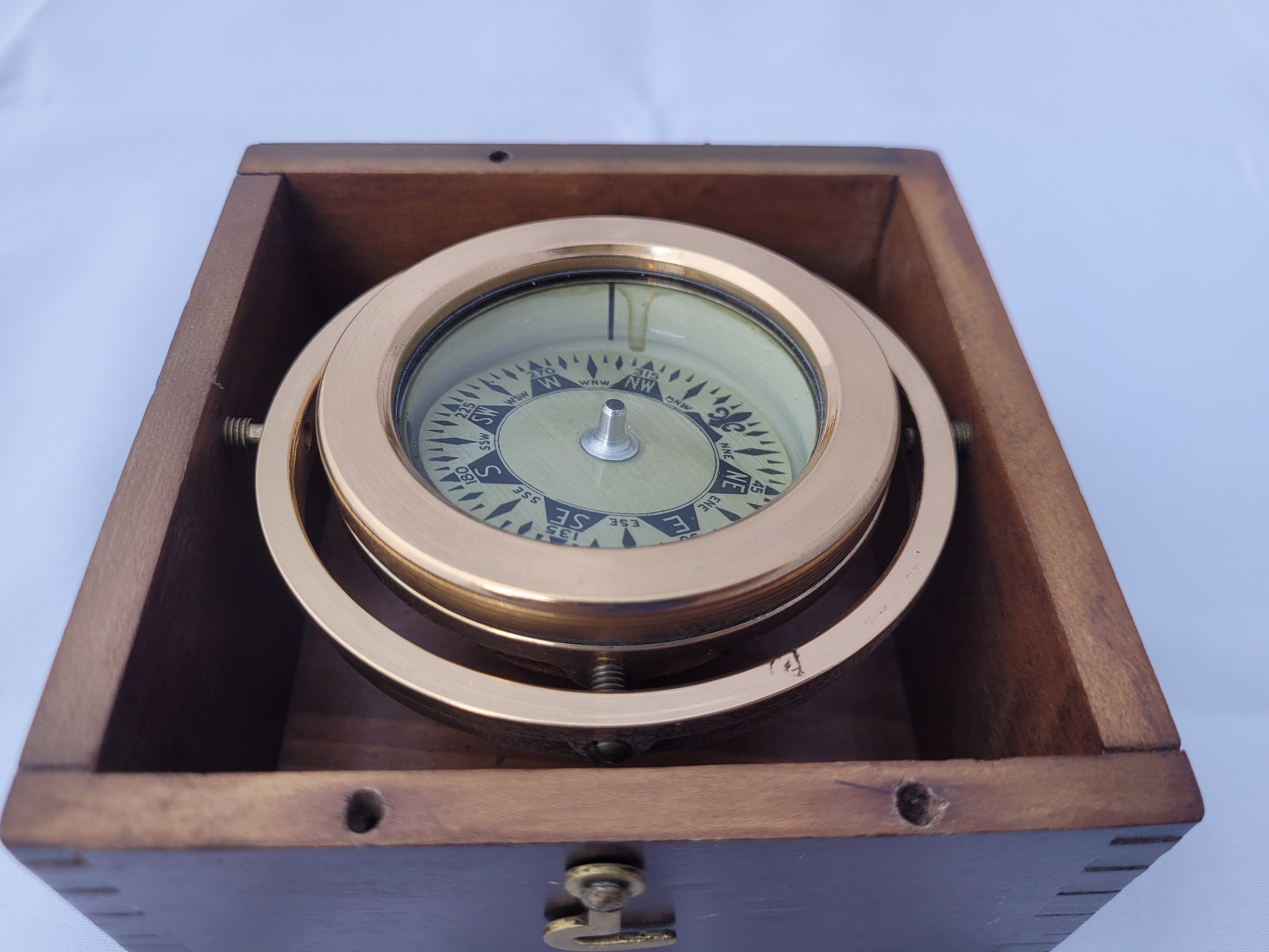 Brass Boat Compass in Varnished Wood Box