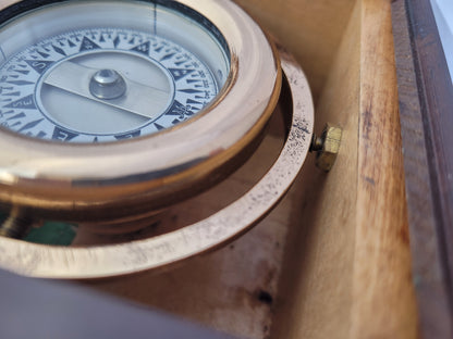Brass Boat Compass in Varnished Wood Box