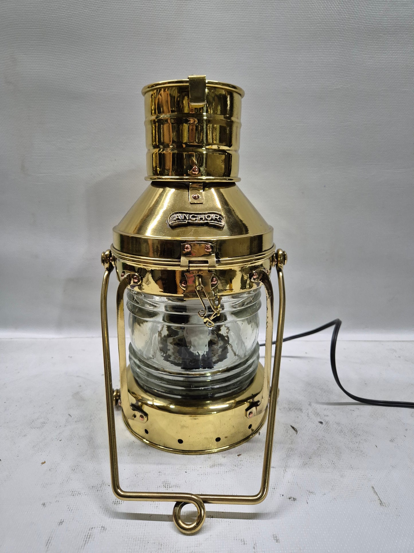 Polished Brass Ship's Anchor Lantern with Fresnel Lens