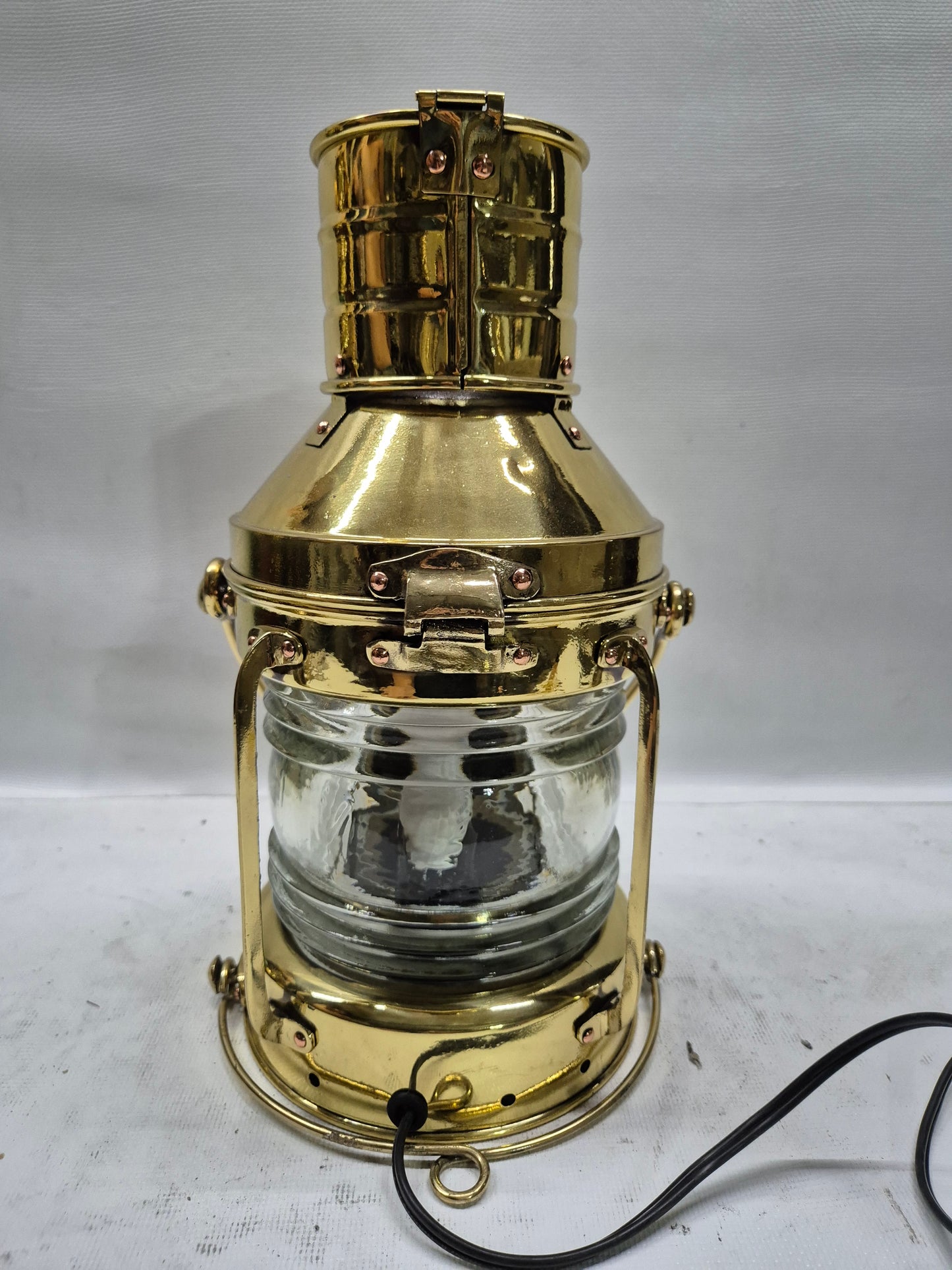 Polished Brass Ship's Anchor Lantern with Fresnel Lens
