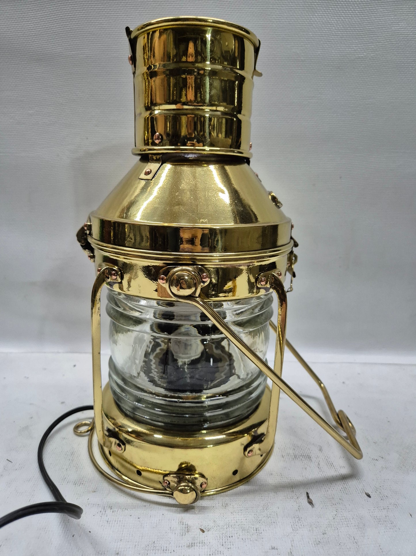 Polished Brass Ship's Anchor Lantern with Fresnel Lens