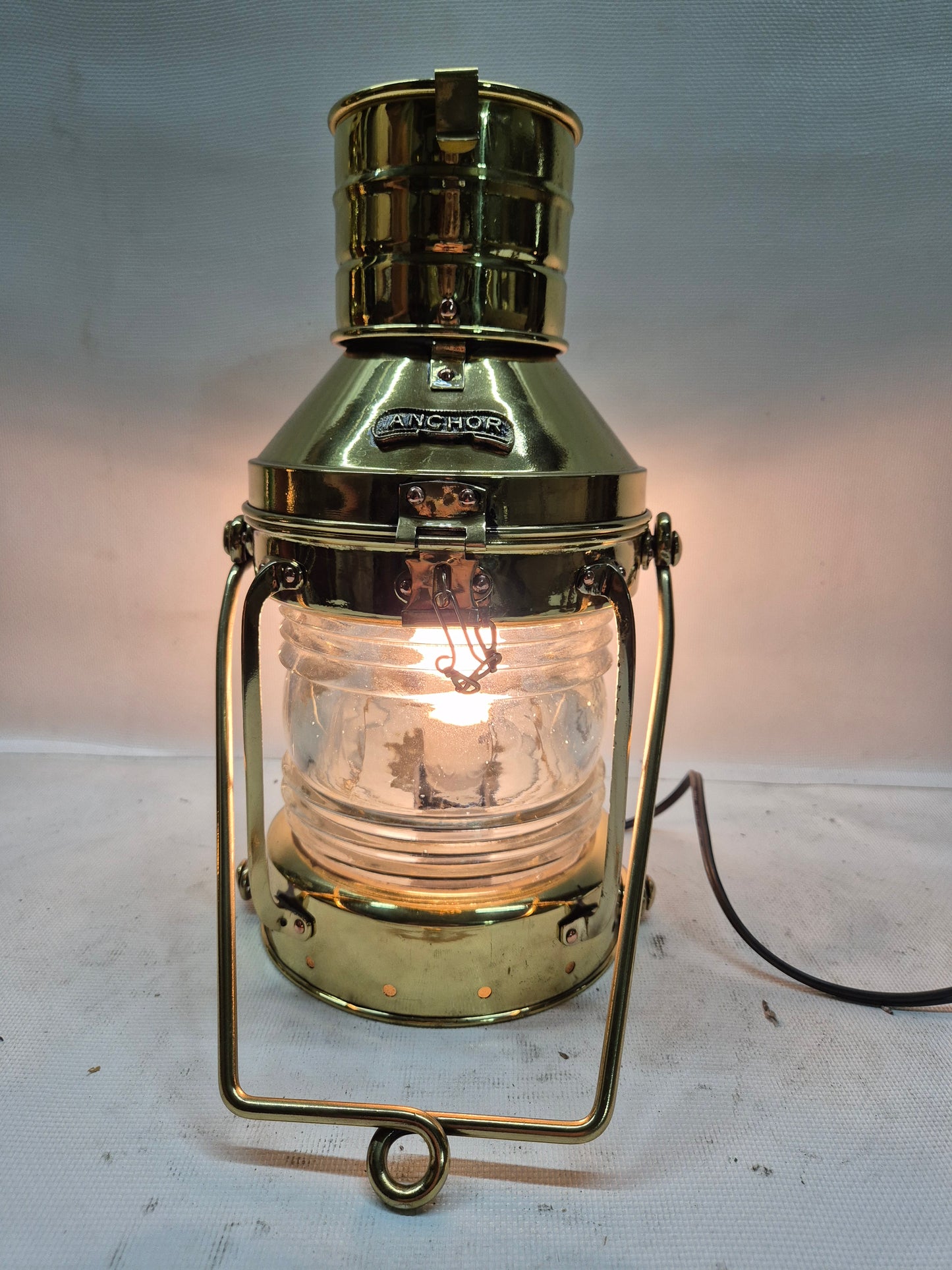 Polished Brass Ship's Anchor Lantern with Fresnel Lens