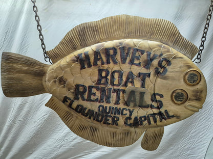 Harvey's Boat Rental Carved Flounder Trade Sign