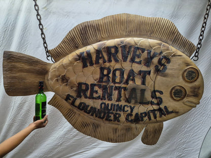 Harvey's Boat Rental Carved Flounder Trade Sign