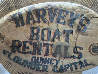 Harvey's Boat Rental Carved Flounder Trade Sign