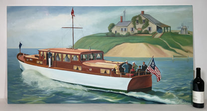 Large Oil on Canvas of a Motor Yacht with Guests