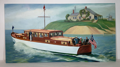 Large Oil on Canvas of a Motor Yacht with Guests