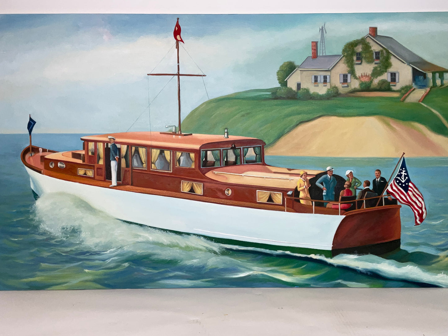 Large Oil on Canvas of a Motor Yacht with Guests