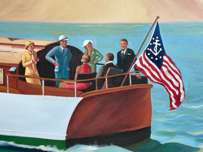 Large Oil on Canvas of a Motor Yacht with Guests