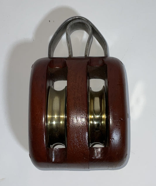 Double Sheave Varnished Wood Nautical Pulley Block