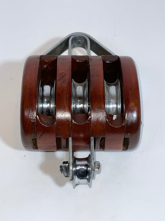Triple Sheave Varnished Wood Nautical Pulley Block
