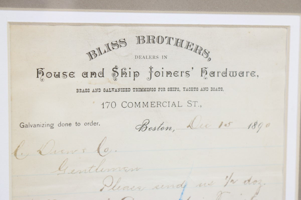 Authentic Invoice from Bliss Brothers of Boston - Lannan Gallery