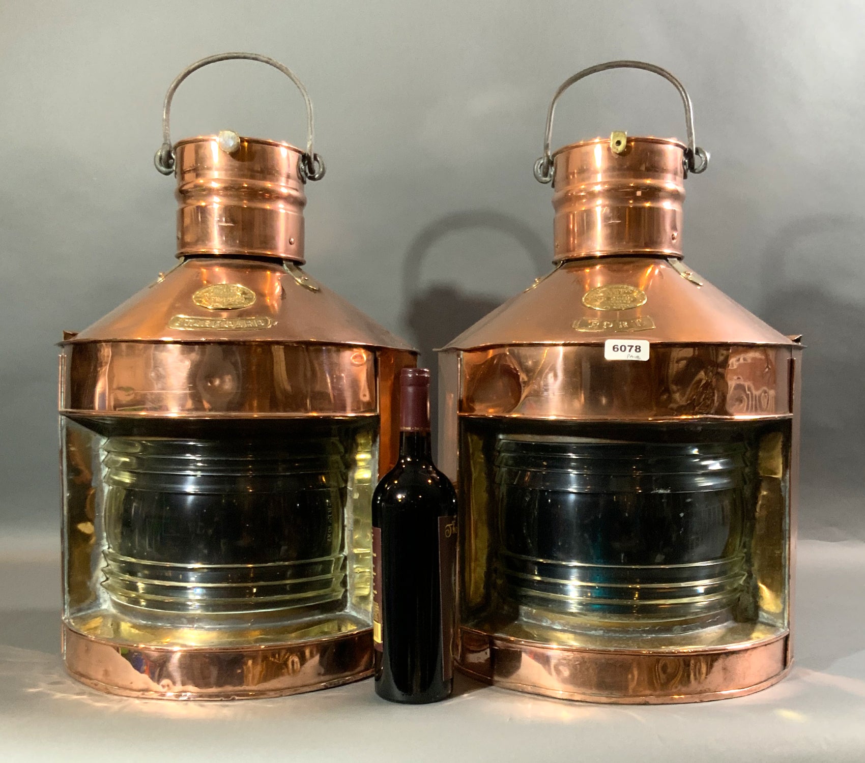 Scottish port and starboard ship lanterns of solid copper with brass trim - Lannan Gallery