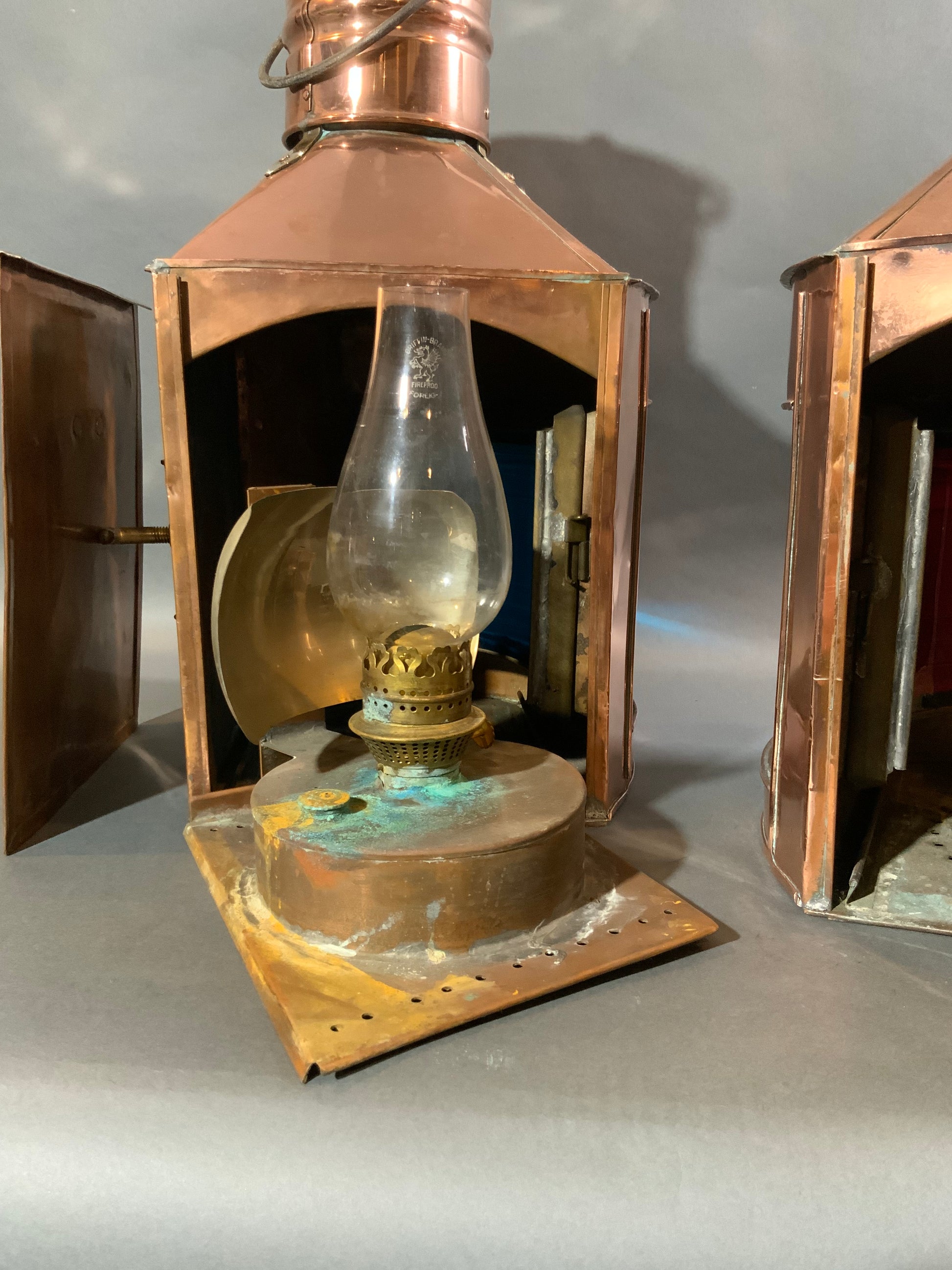 Scottish port and starboard ship lanterns of solid copper with brass trim - Lannan Gallery